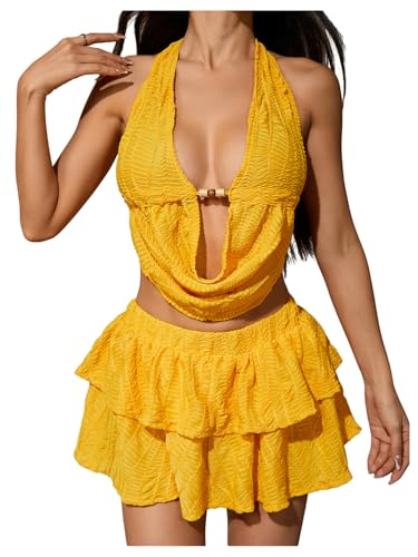 MakeMeChic Women's 2 Piece Y2k Outfit Draped Front Tie Back Halter Crop Tops and Skirt Set Yellow Large