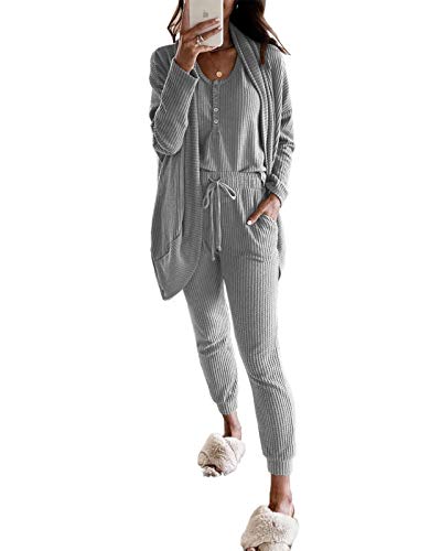 Fessceruna Womens Waffle Knit 3 Piece Lounge Sets Pajama Tank Top Long Sleeve Cardigan and Pants Loungewear Outfit Grey