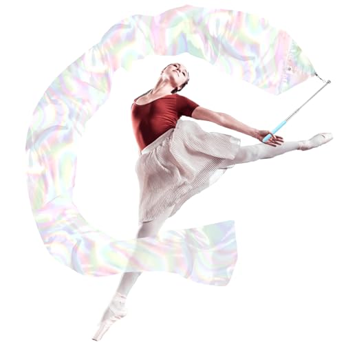 RoundFunny 98" Dance Streamer with Scalable Rod, Gymnastics Dance Ribbon Artistic Twirling Ribbon, Church Worship Adoration Dance Banner for Dancer and Church Liturgical Praise(Transparent White)