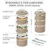 Lillehome Stackable Stainless Steel Thermal Bento Lunch Box, 3-Tier Insulated Snack Food Container with Lunch Bag and Utensils, Stainless Steel Lunch Box for Adult, Bento Box Adult, 88 OZ (Brown)