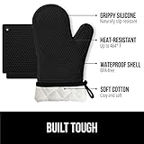 GORILLA GRIP BPA-Free Soft Silicone Oven Mitts and Potholder Set of 4, Heat Resistant Hot Pads, Thick Cotton Lined Cooking Mitt, Long Gloves Protect Hands, Kitchen Waterproof Trivet Mats, 12.5" Black