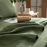 EVERLY Linen Queen Sheets Set, 100% Stonewashed French Linen Bed Sheets Deep Pocket Sheets, 4 Pieces (1 Flat Sheet, 1 Fitted Sheet, 2 Pillowcases) Natural Flax Bedding Set-Mossy Green