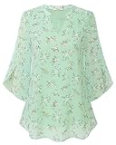 Bebonnie Womens Tops Dressy Casual Ruffle 3/4 Sleeve V Neck Double Layers Chiffon Blouses Tops Multi Green M