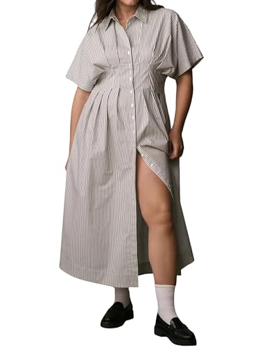 Ceputer Women Striped Button Down Shirt Maxi Dresses Summer Pleated Short Sleeve Collar Casual Corset Long Dress White