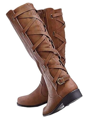 Syktkmx Womens Strappy Motorcycle Knee High Boots Winter Lace Up Riding Flat Low Heel Shoes, Brown, Size 7.5