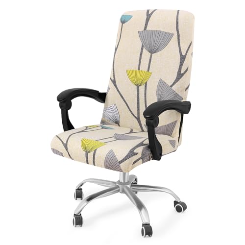 Smiry Stretch Printed Office Computer Chair Covers, Universal Desk Rotating Chair Slipcovers Removable Washable, Soft Fit Anti-Dust Spandex Protector Cover with Zipper, Yellow and Grey
