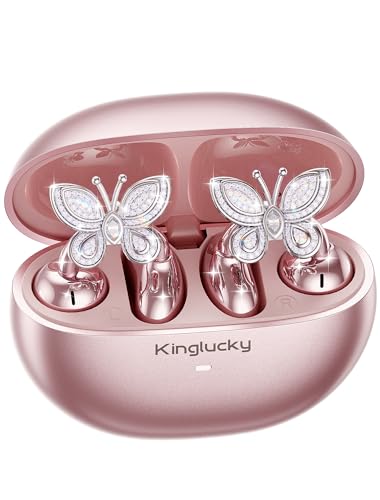 Kinglucky Jewelry-Inspired Clip-On Earbuds with Butterfly Earrings, Comfortable Fit & 50H Playtime Open Ear Bluetooth 5.4 Wireless Headphones for Women, Small Ears, Sports & Workouts (Pink)