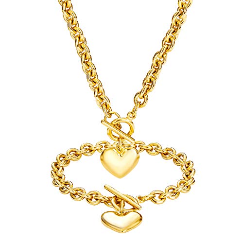 W/W Lifetime Heart Chain Necklace + Heart Bracelet for Women Hearts Pendant Toggle Charm Jewelry Set Stainless Steel 18K Gold