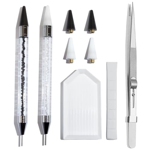 LIGHT RAIN Rhinestone Picker Tool - 2 Pcs Dual-head Pen with 4 Wax Tip, and Precision Jewelry Tweezers Kit for Pick Up Nail Art Gems, Stone, Crystals and Nail Charms