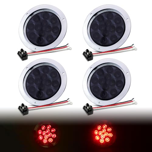 TMH 4 Pcs 4 Inch Smoked Lens Red LED Sealed 12V DC Round Tail Lights Stop Parking Lamp for Trailer Truck Bus ATV Cabin Truck Lorry Flatbed 12 Diodes with Chrome Bezel GAC12