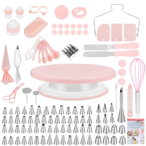 Cake Decorating Supplies Kit, Cake Turntable for Decorating, 64 Icing Ping Tips, 32 Piping Bags,3 Icing Scrapers, 2 Spatulas, 14 Fondant Mould, Cake Leveler for Baking Beginners