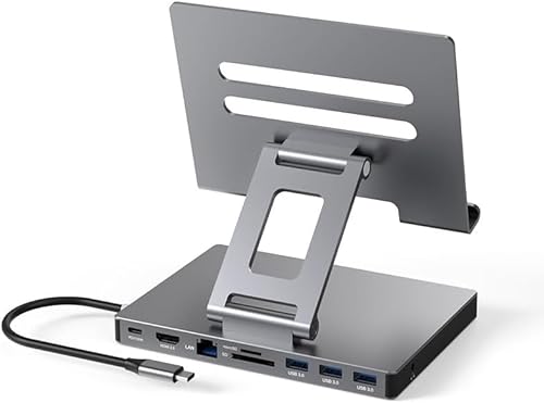 iPad Pro USB C Hub Stand, 9-in-1 Adapter for iPad Pro M4 M2 13 12.9 11 Inch Docking Station Foldable with 4K 60Hz HDMI, RJ45 Gigabit Ethernet, SD/TF Card Reader, 3 USB 3.0, 3.5 mm Audio, iPad Air