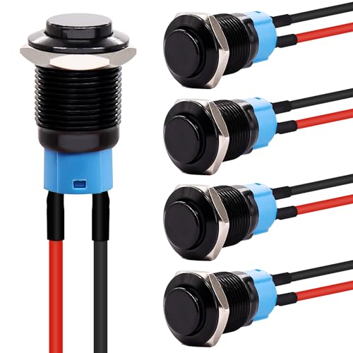 Twidec/5PCS 12mm Latching Push Button Switch ON Off Mini Round Waterproof Black Shell 12V 24V 36V 110V 250V 2A Raised Head with Pre-soldered Wires L-12-BK-G-X