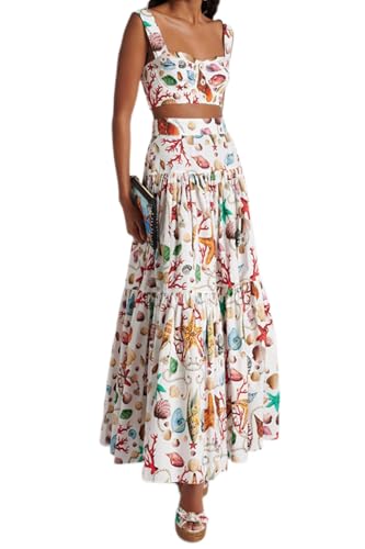 ksotutm 2 Piece Skirt Sets for Women Animal Printed Halter Top High Waist Maxi Skirt Women's Fashion Vacation Outfits White