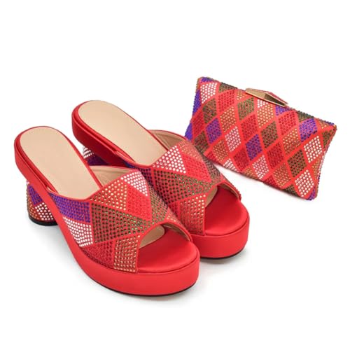 Womens Wedding Party Shoes And Bag Set Italian Nigeria High Heels Wedge Pumps And Matching Bag Set Red 40