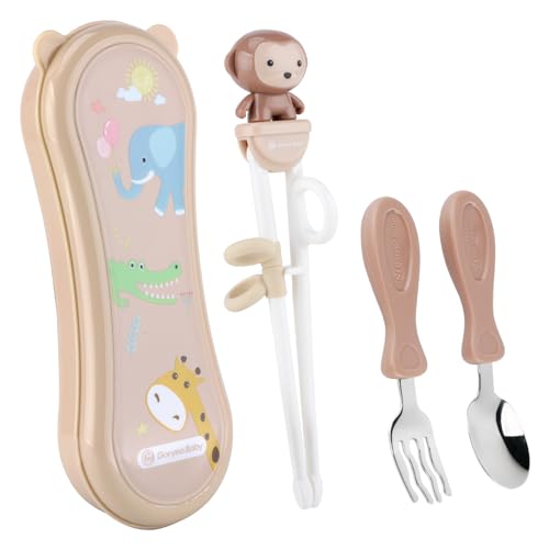 Goryeo Baby Toddler Utensils Stainless Steel Kids Silverware Set with Kids Training Chopsticks and Baby Spoon and Fork for Self Feeding Learning with Case