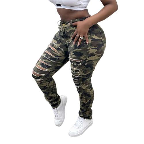 Women’s Ripped Skinny Jeans Slim Fit Stretch High Waisted Butt Lift Tummy Control Camouflage Distressed Denim Pants