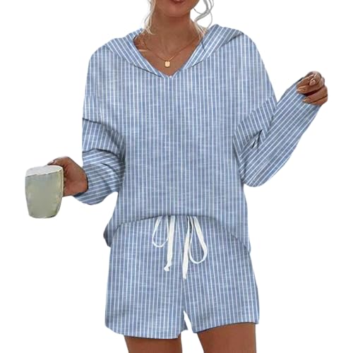 Womens 2 Piece Lounge Sets Blue Striped Shorts With Long Sleeved Hoodie Top Set Travel Outfits Fashion