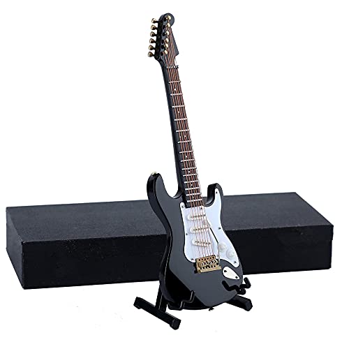 Dselvgvu Wooden Miniature Electric Guitar with Stand and Case Mini Musical Instrument Electric Guitar Replica Collectible Figurines Model Home Decoration Display Ornament (Black, 7.09"x2.27"x0.54")
