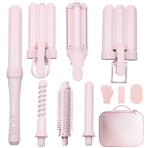 Curling Iron Set 7-in-1, Curling Wand Set with 7 Interchangeable Barrels Included A Heated Round Brush, 3 Hair Crimper, Ceramic Coating Protect Hair, with Gift Package (0.6"-1.25") Pink