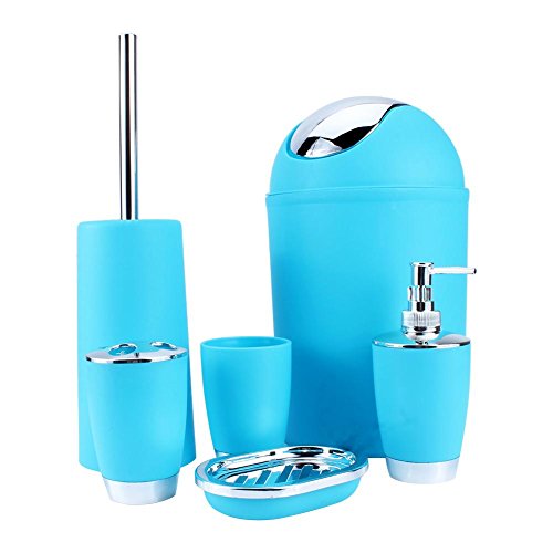 Ejoyous Bathroom Accessories Set 6 Piece Bath Accessory Bathroom Supplies Set with Bin Holder Dish Dispenser Tumbler Toothbrush Holder, Blue