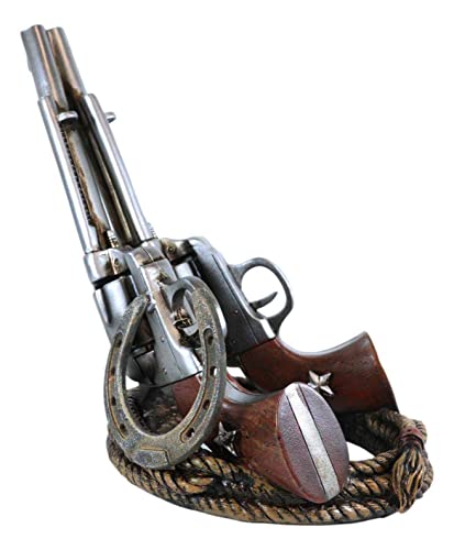 Ebros Gift Country Western Cowboy Six Shooter Gun Pistols Double Revolver Bull Ropes Lasso and Lucky Horseshoe Wine Bottle Holder Rack Caddy Statue Vintage Wild West Rustic Home Decor