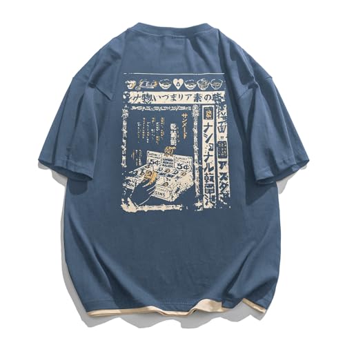 Aelfric Eden Mens 90s Vintage Oversized Shirts Unisex Harajuku T Shirt Print Graphic Tees Casual Summer Streetwear Top Blue