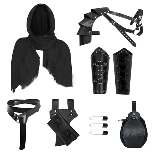DARFULA 6 Pcs Medieval Knight Accessories Set Renaissance Viking Belt Pouch Leather Bracers Sword Frog Black Scarf,Half Shoulder Armor