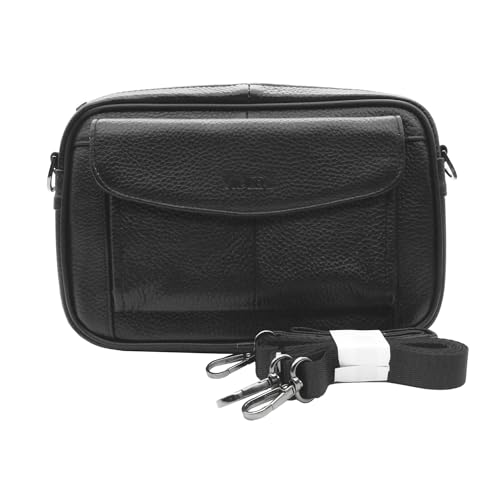 Vidlea Mens Handbag Cowhide Leather Messenger Bag Organizer Checkbook Wallet Purse with Wristlet Crossbody Shoulder Strap (Black)