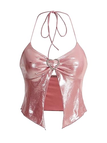 Verdusa Women's Y2K Tops Heart Rhinestone Backless Ruched Cami Asymmetrical Split Crop Halter Top Pink S