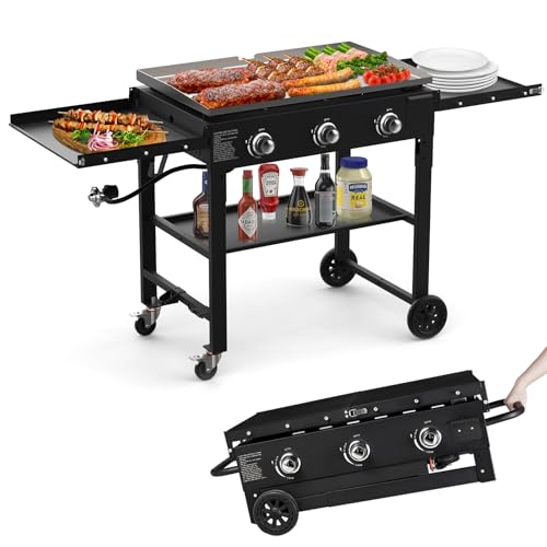 BESTFIRE Foldable Flat Top Grill, Outdoor Griddle-3 Burner Propane Griddle with Two Foldable Shelves,36" Flat Grills Outdoor-45,000 BTU Gas Grill for BBQ& Outdoor Cooking,Black