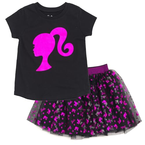 Barbie Toddler Girls Metallic Print T-Shirt and Tulle Mesh Skirt Logo Black/Pink Foil 4T