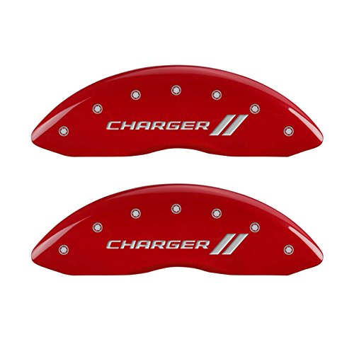 MGP Caliper Covers - Brake Caliper Covers for 2011-2023 Dodge Challenger & 2011-2023 Dodge Charger (Requires Dual Piston Front Caliper) Front and Rear Set - Engraved CHARGER // Logo (Red)