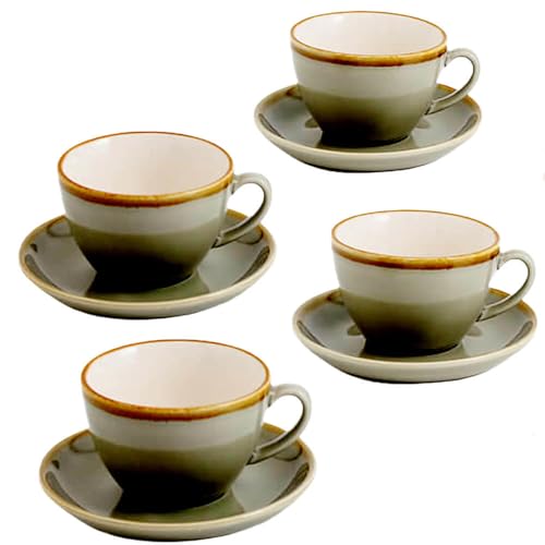 SHUER Ceramic Latte Coffee Cup Set of 4, 7.8 Oz Tea Cup and Saucers Sets,Glaze Americano Cups and Macchiato Coffee Cups,Low Tea Time Mug Set Great for Party (Light Cyan 220ML)