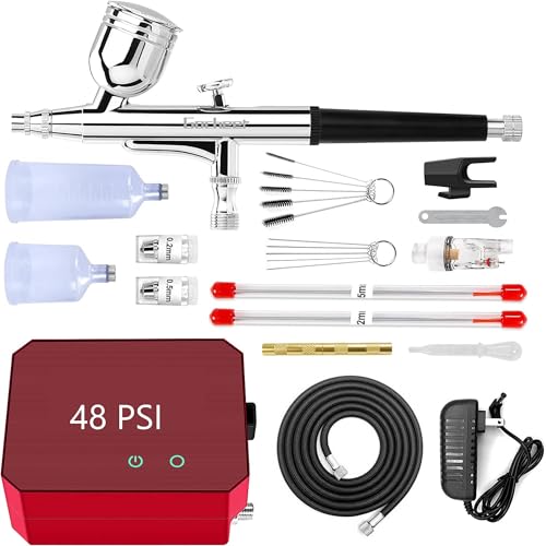 Gocheer Airbrush Kit with Air Compressor, 48 PSI High Pressure Air Brush Non-Clogging with 0.2/0.3/0.5mm Nozzle/Cleaning Sets, Ideal for Painting, Modeling, Cake Decor, Pastry, Makeup (Red)