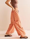 Bankeng Women Drawstring Striped Pants Loose Wide Leg Lounge Pants Casual Palazzo Pants Trousers with Pockets(Orange,S)