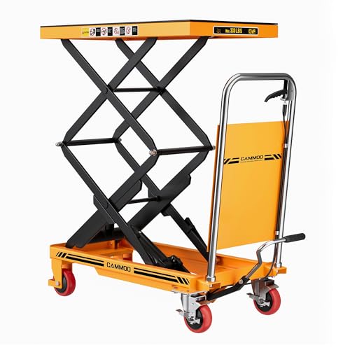 CAMMOO Hydraulic Lift Table Cart, 330lbs Capacity 49.6" Lifting Height, Double Scissor Lift Table with Non-Slip Pad & Safety Guard for Material Handling & Transportation, Yellow