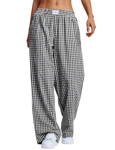 LOMON Women's Gingham Plaid Wide Leg Pants Cotton Boxers Pajama Lounge Pj Casual Trousers Y2K Flowy Bottoms with Pockets (Black White Plaid, S)