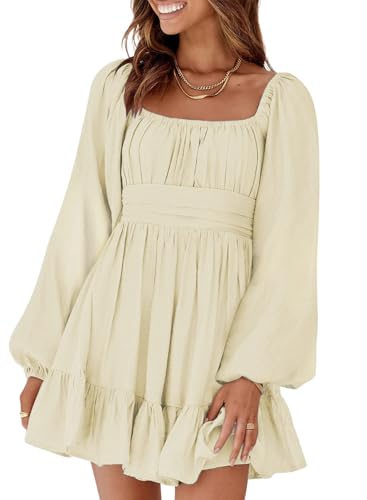 Dokotoo Womens Dresses Square Neck Tie Back Apricot Dress Puff Long Sleeve Dress Ruffle A-Line Mini Dress Casual Summer Dresses for Wedding Guest Medium