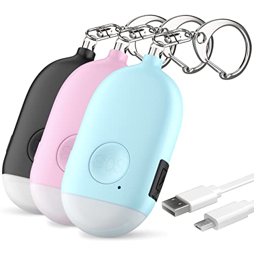 Personal Safety Alarm for Women – 3 Pack Rechargeable Self Defense Keychain Siren Ring with LED Light – 130 dB Emergency Sos Alert Key Chain Device by WETEN (Black&Pink&Blue)