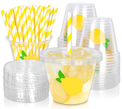 Whaline 100Pcs Lemon Disposable Plastic Cups with Lids and Straws 9Oz Party Cups Yellow Lemon Cold Beverage Drinking Cups for Iced Coffee Smoothie Juice Tea