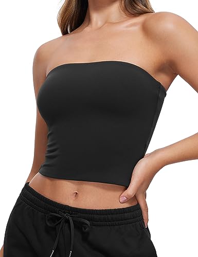 CRZ YOGA Butterluxe Double Lined Tube Tops for Women Going Out Crop Sleeveless Tank Bandeau Strapless Casual Shirts Black Medium
