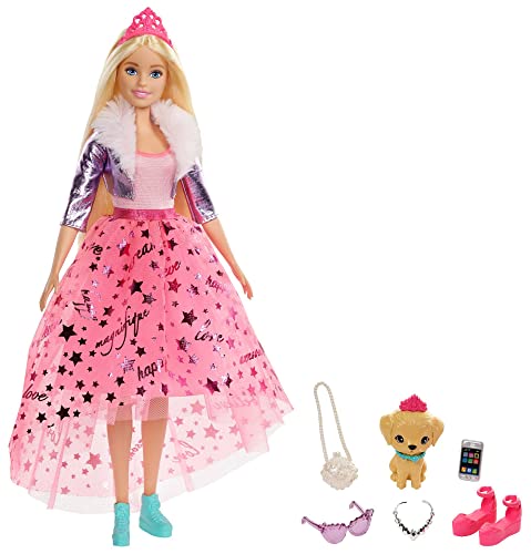 Barbie Princess Adventure Doll in Princess Fashion (12-in Blonde) Doll with Pet Puppy, 2 Pairs of Shoes, Tiara and 4 Accessories, for 3 to 7 Year Olds