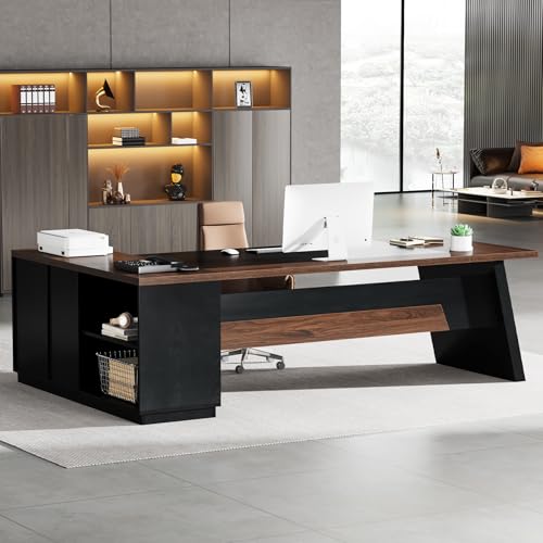 Tribesigns L-Shaped Executive Desk, 78" Modern Office Desk with Drawers and Lateral File Cabinet, Large Computer Desk with Storage Shelves, Workstation for Home Office (Walnut + Black)