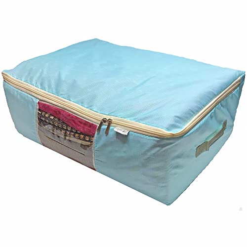 Madam Sew Quilt Blanket Storage Bag|Blanket Organizer|Comforter Storage for Clothes, Quilts, Bedding|Linen Bag Storage with Visible Front Panel, Strong Handles & 2-Way Zipper - Turquoise 22x15x8"