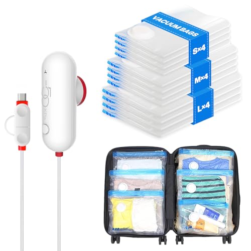 VMstr 12 Pack Travel Vacuum Storage Bags with USB Electric Pump, Compression Bags for Travel, Space Saver for Clothes ans Clothing