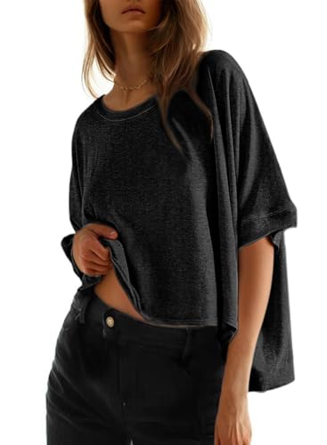 Dokotoo T Shirts for Women Summer 2025 Fashion Clothing Outfits Womens Tops Oversized Tshirts Plus Size Cute Tops Fall Trendy Loose Blouses Women's Dressy Casual Workout Gym Clothes Basic Tees Black