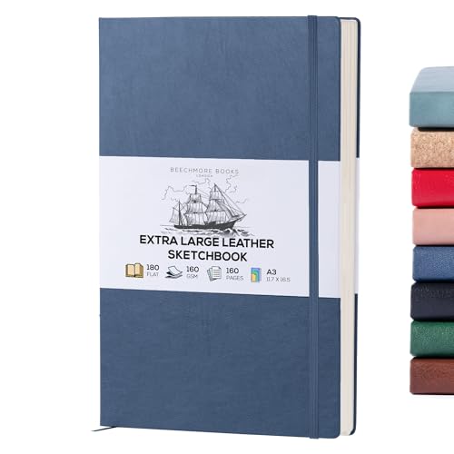 BEECHMORE BOOKS Art Sketch Book, Extra Large A3 160 Pages 11.7 x 16.5 inch, Hardcover Leather Artist Sketch Pad for Drawing and Painting, Thick 160gsm Cream Paper, Boxed for Gifts, Symphony Blue