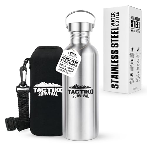 Tactiko 34 oz/1000ml Stainless Steel Water Bottle with Sleeve and Strap – Leakproof, Lightweight, Boil-Safe, BPA-Free, Wide Mouth – Survival, Hiking, Camping, Travel