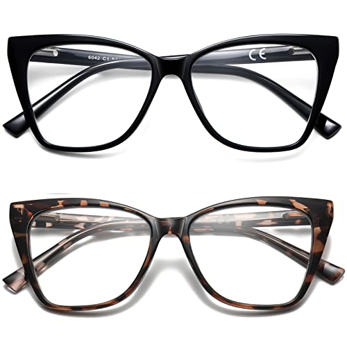 LKEYE Oversized Reading Glasses For Women Cat Eye Computer Blue Light Blocking Reader Stylish Ladies Designer Fashion Large Unbreakable Eyeglasses 2pack Black Leopard LK6042 + 0